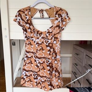 Heart Print Mini Dress in Orange and Brown